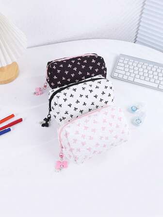 1 件蝴蝶结图案涤纶材质精致铅笔袋，3 种颜色选择宽敞的空间设计文具收纳袋，便携式时尚学生学习用品，开学季送给朋友的文具礼物，铅笔盒，铅笔袋，书包学习用品，回到学校