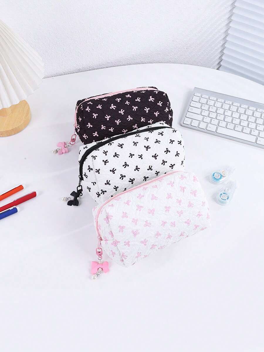 1 件蝴蝶结图案涤纶材质精致铅笔袋，3 种颜色选择宽敞的空间设计文具收纳袋，便携式时尚学生学习用品，开学季送给朋友的文具礼物，铅笔盒，铅笔袋，书包学习用品，回到学校 - 彩色 - 查看 1