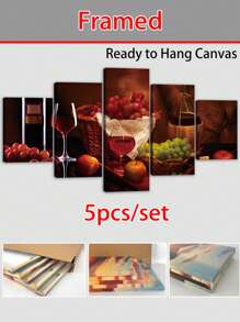 1/5 piezas, Exquisito cuadro de pintura de vino sobre lienzo con marco de madera, decoración de pared con pintura de vino y fruta, arte de pared con marco, gran regalo para amigos, decoración del hogar, para sala de estar, dormitorio, oficina, bar, restaurante, pintura impermeable y sin olor, marco impermeable de alta calidad, alta definición