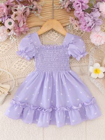 Vestido corto casual con cuello cuadrado y mangas abullonadas para niñas pequeñas, regalo de primavera/verano y para fiestas