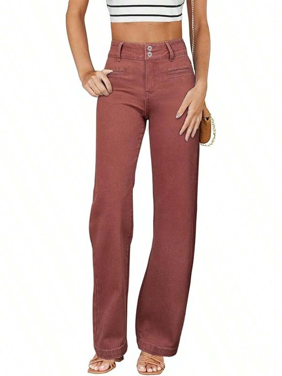 Sidefeel Women's Jeans High Waisted Straight Leg Stretchy Jeans Welt Pockets Loose Wide Leg Zimbaplatinum Pants - Mineral Red - View 1