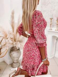 Boho Chiffon Short A-Line Dress For Women With All-Over Floral Print V-Neck Long Flare Sleeves Shirred And Ruffle Hem - Hot Pink - View 5
