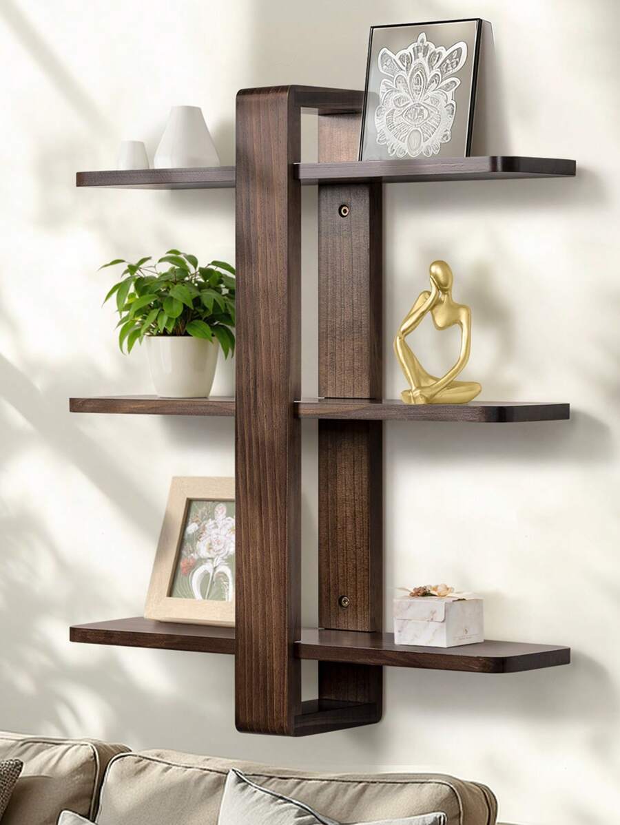 Estante de Pared de Madera Color Nogal, Estante Flotante, Estantería Colgante Grande, Estantería Decorativa de 3 Niveles de Madera Maciza para Salón y Dormitorio, Baldas Desmontables, 50x58 cm