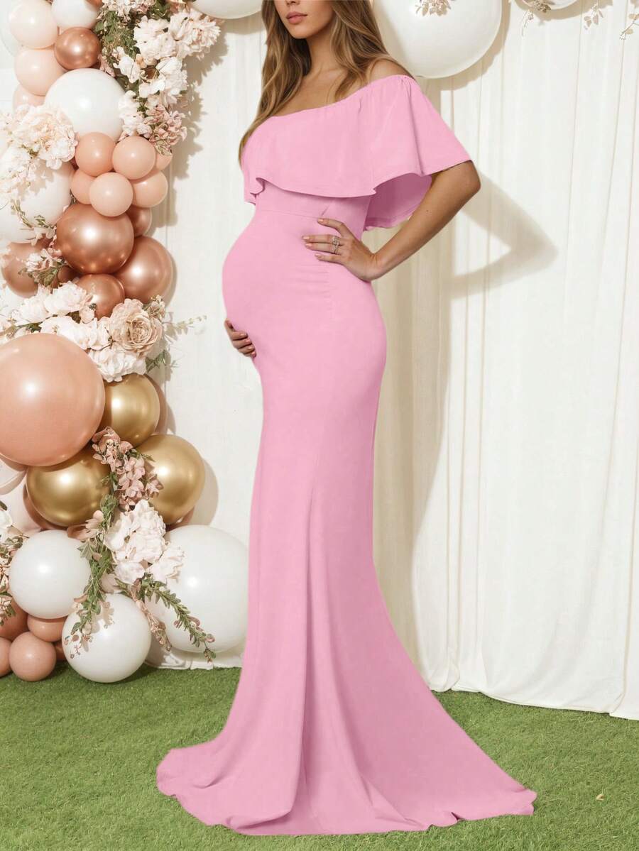 孕妇针织面料摄影连衣裙（YY777） - 粉色 - 查看 1