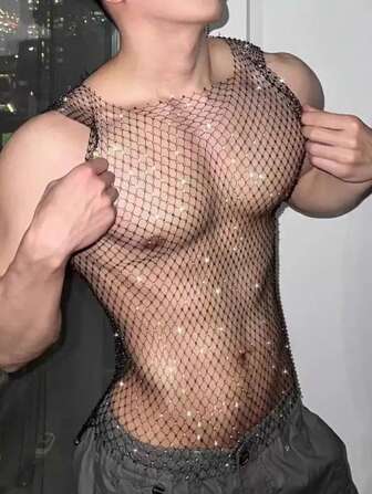 1pc Men's Sexy Rhinestone Studded Fishnet Hollow-Out Tank Top, Mesh See-Through Clubwear, Shiny Nightclub Party Vest Top, Suitable For Ladies As Well