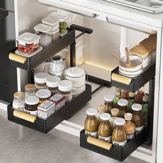 Organizer sottolavello da cucina, ripiano estraibile a 2 livelli, regolabile in altezza, in acciaio al carbonio, per cucina e bagno.