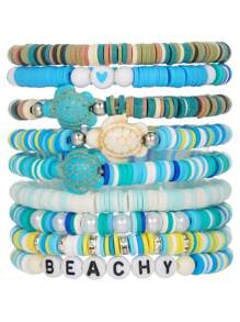 Juego de 9 piezas de pulseras hechas a mano con elementos de perla de resina, circonita cúbica y en forma de corazón y tortuga, estilo océano, adecuado para el uso diario y la playa de las mujeres