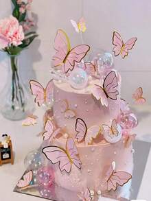 11 piezas Decoraciones para cupcakes y pasteles con mariposas rosas, toppers metálicos dorados "Feliz cumpleaños" para decoración de fiestas de niñas, baby shower - Multicolor - Ver 4