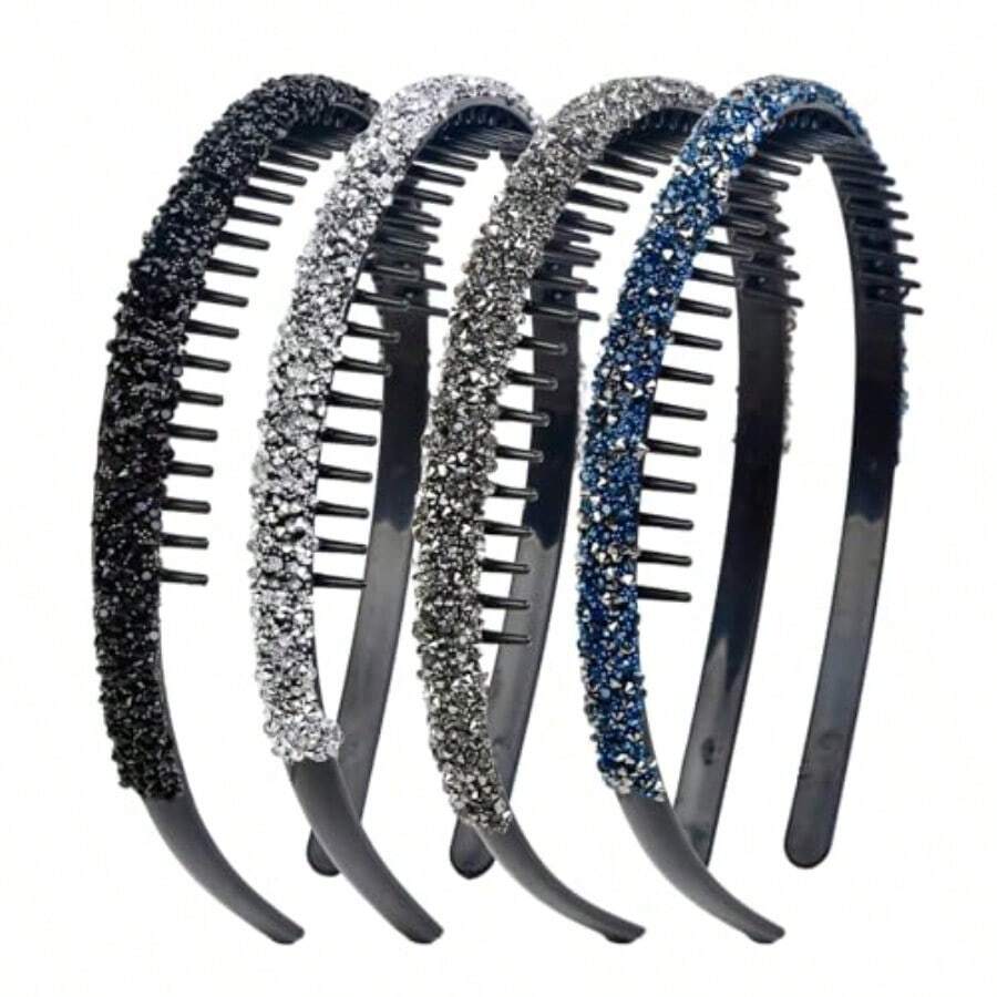 4Pcs Fashion Rhinestone Headband For Women With Teeth Non Slip Head Bands Comb Headbands Crystal Hairband Sparkly Diamond Hairbands Hair Accessories - Blackgray,silver,navy - View 1