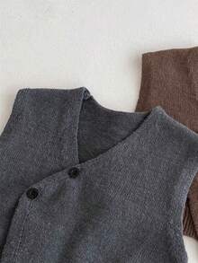 2pcs Toddler Baby Boy Casual Outfit, Charcoal Knitted Cardigan Vest & Pants Set, Comfortable For Autumn/Winter - Dark Grey - View 5