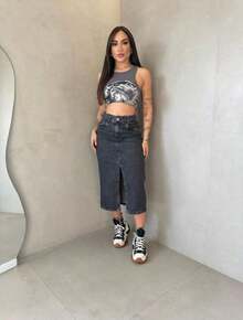 saia midi Jeans Marmorizada Cintura Alta