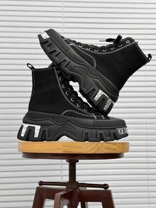 SLnU3 Men's Fashionable Thick Sole Boots, Casual Punk Style College Outdoor Fabric Rivet Inlaid Cool College Outdoor All Season Stylish - Black - View 3