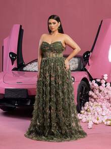 Faeriesty 奢华无肩带超长晚礼服，饰有精致花卉图案和多层薄纱裙 | 浪漫奢华晚装 | 非常适合婚礼、红毯活动、舞会和私密约会之夜 - 橄欖綠 - 查看 7