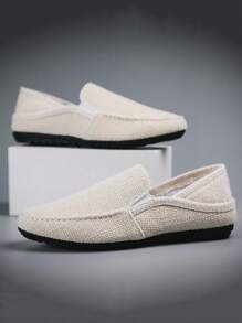 Men's Slip-On Loafers, New Summer Non-Slip Durable Flat Comfortable One-Step Men's Casual Outdoor Driving Shoes, Large Size Breathable Moccasins Fashion Luxury Deodorizing Canvas Sneakers, Contrast Color Woven Bottom Casual Slip-On Shoes