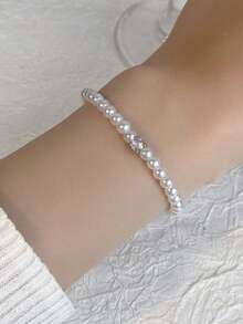 1pc Vintage Diamond Inlaid Faux Pearl Beaded Bracelet, Elastic Free Size Wrist Strand, Elegant Minimalist French Court Style Pearl Bracelet, Suitable For Banquet, Party, Commute, Gift For Friends - Multicolor - View 2