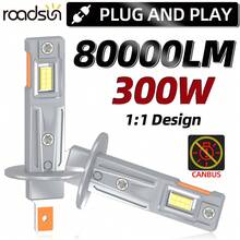 2pcs Roadsun LED Car Headlight Bulbs H4 9005/HB3 9006/HB4 H1 H7 H11 9012, 80,000 Lumens 300W, Super Bright High Beam And Low Beam, 6500K, 1:1 Size, No Adapter Needed, Plug And Play, Easy Installation, Fog Lamp Bulb