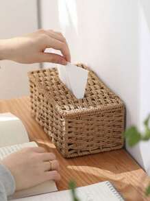1pc Hand-Woven Tissue Storage Box, Multiple Colors Available, Rectangular Tissue Storage Box With Lid, Bohemian Style Decorative Hand-Woven Box, Tissue Storage Container For Bathroom, Bedroom, Bookshelf, Living Room, Home, Restaurant, Hotel, Modern And Simple Design.