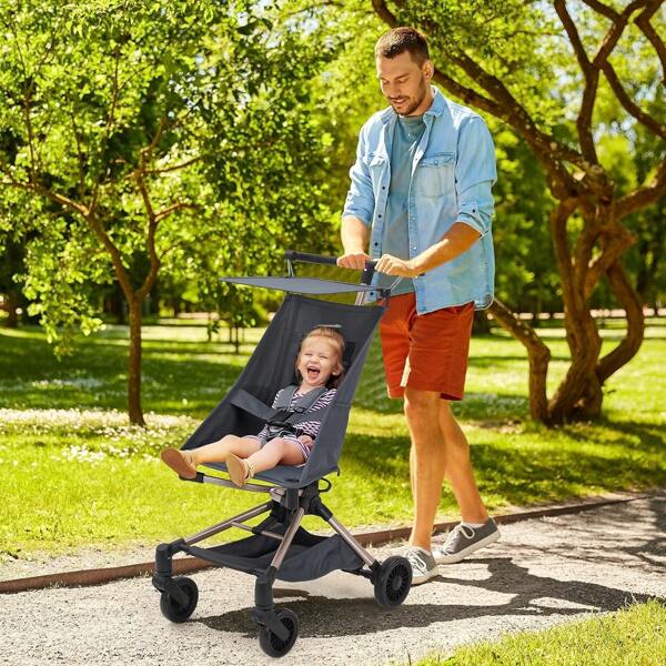 Leichter Kinderwagen, Kompakte Kinderwagen für Reisen, Reisewagen für Flugzeug mit Tragetasche, Klappbare Kleinkinderwagen mit Aufbewahrungskorb, Hinterradbremsen, Verstellbare Markise