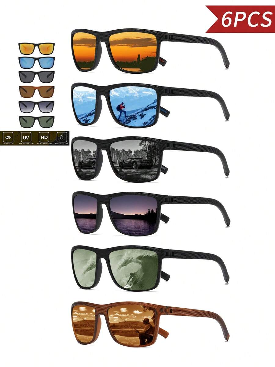 6pieces Summer Sunglasses Men Uv400 Square-Frame Glasses Hiking, Fishing, Running, Travel Clothing, Paired With Sunglasses, The Perfect Gift For Friends - 彩色 - 查看 1