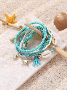 Conjunto de 2 piezas de pulsera con elementos del océano, incluyendo coral, estrella de mar, concha y talla grande elementos, joyería de moda para vacaciones de verano, viajes y festividades