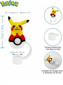 pokemon Pokemon Cute Character Silicone Straw Top Cover, Dust-Proof Pikachu Reusable Straw Tip For 30 And 40 Ounces Cups With Handles - Fits 10mm Straws, 1 Pc , Perfect Party Gift, Office Supplies, Birthday Gift Toy, Pikachu, Handmade Set, Fashion, Ideal Gift For Party Collection