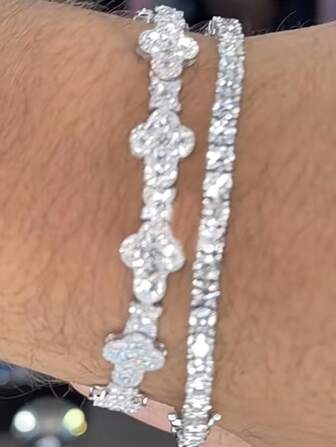 1 Set Men's Silver Tone Bling Rhinestone Bracelet, Hip Hop Jewelry