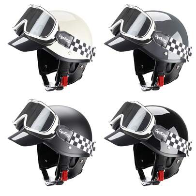  CYCKING Half-Face Motorcycle Helmet, Retro DOT Certified Riding Off-Road Helmet For Men & Women, Detachable Scarf, All Season, Black & White, Washable Quick Release Buckle