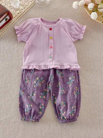 2pcs Baby Girls Summer Short Sleeve Top + Full Print Long Pants Casual Outfit