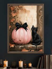 1pc Canvas Wall Art, Halloween Wall Art, Halloween Poster, Framed Wall Art, Playful Black Cat And Pink Pumpkin Poster, Halloween Horror Wall Art, Autumn Home Decor, Autumn Decoration, Cute Decoration, Halloween Decoration, Room Decor, Dorm Decor, Bedroom Home Decor, Autumn Wall Decor - Multicolor - View 3