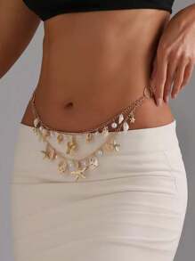 Summer Sexy Beach Body Chain Necklace With Shell And Starfish Pendants, Multi-Layer Waist Chain For Casual/Beach Outfits