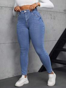 Talla grande pantalones vaqueros ajustados azules, estilo sexy y elegante para looks diarios - Azul - Ver 3