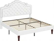 Estructura de cama tamaño completo con cabecero de terciopelo ajustable tipo tiara, cama de plataforma tapizada con botones de diamante acolchados, soportada por listones de madera, sin necesidad de caja de resortes, color blanco - Blanco - Ver 2