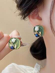 1 par de aretes vintage franceses minimalistas con diseño de ramo de tulipanes cuadrados, aretes elegantes exclusivos para mujeres, apropiados para uso diario y de fiesta