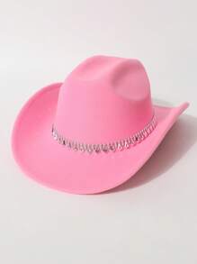 1 Peça Chapéu de Feltro Unissex, Chapéu de Feltro de Lã de Cor Sólida e Plano na Parte Superior com Decoração de Cinto em Formato de Diamante, Chapéu de Cowboy Ocidental Estiloso, Adequado para Noiva, Apresentação, Festa, Uso Externo, Todas as Estações