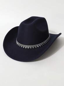 1 Peça Chapéu de Feltro Unissex, Chapéu de Feltro de Lã de Cor Sólida e Plano na Parte Superior com Decoração de Cinto em Formato de Diamante, Chapéu de Cowboy Ocidental Estiloso, Adequado para Noiva, Apresentação, Festa, Uso Externo, Todas as Estações