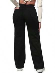 Pantalones vaqueros de tiro alto y pierna ancha con efecto desgastado y elásticos para mujeres THUNDER - 1# Negro - Ver 6