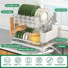 Multifunctional Dish Rack Organizer, Rustproof 2-Tier Dish Drying Rack With Drainer Board, Space Saving For Cutlery, Knives, Wooden Cutting Boards - Modern Kitchen Shelf | Durable Metal Construction Kitchen Organizer With Cleaning Cloth White Holiday Gift