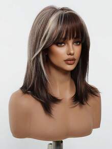 16 Inch Long Straight Dark Brown Wigs With Bangs And White Highlights Synthetic Wigs For Women For Ordinary Work, Life Dance Parties And All Occasions Use - Brown Highlight - View 4