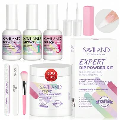 SAVILAND Saviland - Set de iniciación de polvos de inmersión para uñas (60 g, transparente) con 3 líquidos de inmersión y kit de herramientas para manicura y salón de manicura.