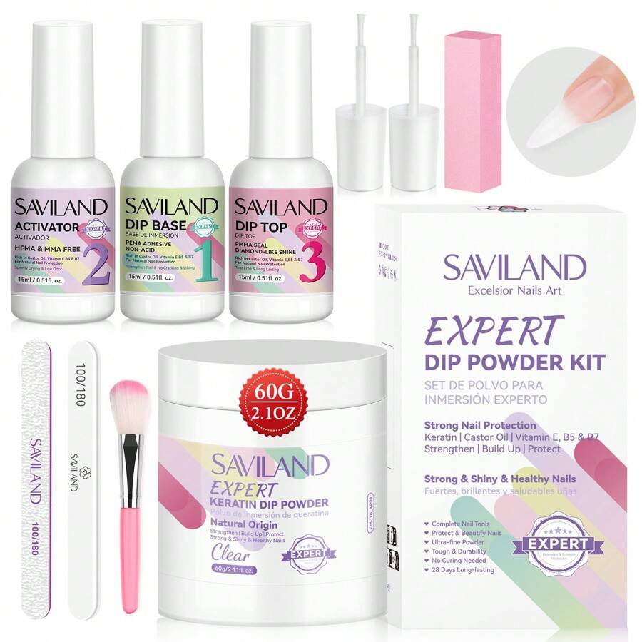SAVILAND Saviland - Set di polvere per unghie a immersione, capacità 60 g, trasparente, set di base per polvere per unghie a immersione, colore in polvere per immersione con 3 pezzi di polvere liquida per immersione, kit di strumenti per unghie a immersione per salone di manicure