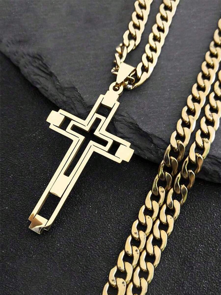 1pc Stainless Steel Hollow Cross Pendant Necklace For Men, Versatile & - Gold - View 1