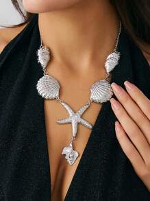 1pc Boho Style Metal Ocean Theme Seashell, Starfish Pendant Y-Necklace, Women's Daily And Beach Vacation Decoration, Party Jewelry