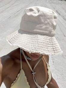 1顶女士抽绳帽檐渔夫帽，户外渔夫帽，带可调节下巴带，毛绒饰边设计，柔软面料，防风，时尚，适合旅行、海滩、海边休闲、日常使用 - 彩色 - 查看 2