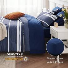 Queen Comforter Set 7 Pieces, Navy Striped Bedding Set For Queen Size Bed Reversible, Cationic Dyeing Bed In A Bag With Comforter, Sheets, Pillowcases & Shams - 亮橙色 - 查看 7