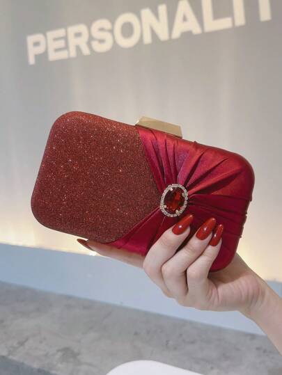 Luxury Rhinestone Encrusted Evening Clutch Bag, Glittery Pleated Qipao Clutch Purse For Wedding, Party, Banquet, Sparkling Fashion High-End Envelope Handbag, Elegant Cocktail Party Shoulder Bag