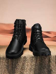 男式靴子，黑色皮革工作靴，厚底摩托车靴，及踝高筒，四季百搭，2000 年代风格街头服饰 - 彩色 - 查看 4