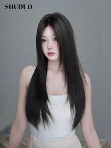SHUDUO 1 额头形状蕾丝 4*1，额头蕾丝长直发，中心分假发，黑棕色假发，半编织日常自然，时尚逼真假发（不含配件） - Dark Brown - 查看 2