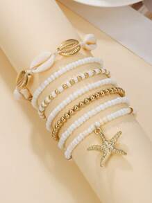 7pcs/Set Ocean Style Shell, Glass Bead, CCB, Zinc Alloy Starfish Pendant Beaded Bracelet Set, Suitable For Women Everyday And Beach Wear
