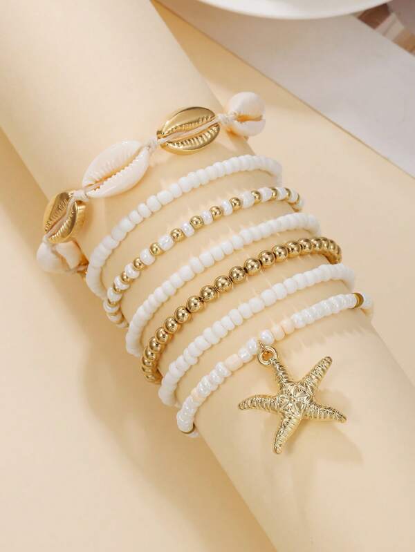 7pcs Set Natural Seashell, Glass Bead, CCB, Zinc Alloy Starfish Pendant Beaded Bracelet Set, Suitable For Women Everyday And Beach Wear