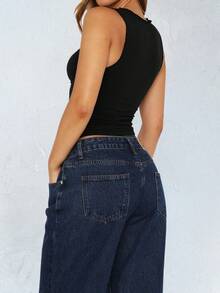 Vaiaye Women's Solid Color Frill Trim V-Neck Cropped Form-Fitting Camisole Suitable For Back To School,Sport And Daily - Black - View 5